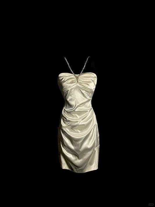 White Shiny Fashion Suspender Short Satin Homecoming Dress Birthday Party Dress gh4264