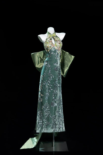 Green Elegant Exquisite Beaded Sequined Long Satin Mermaid Cheongsam Ball Gown Evening Gown Wedding Gown Party Dress gh4132