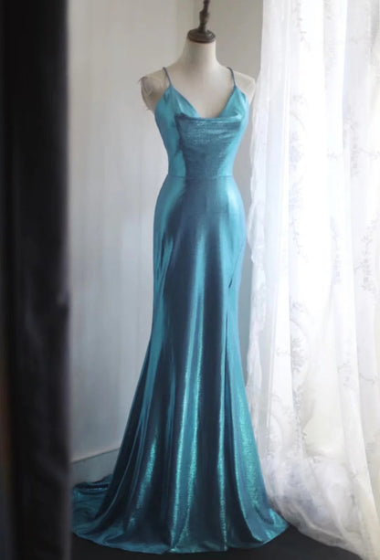 Blue Elegant Satin Long Mermaid Slim Fit Floor Length Ball Gown Evening Gown Prom Dress gh4201