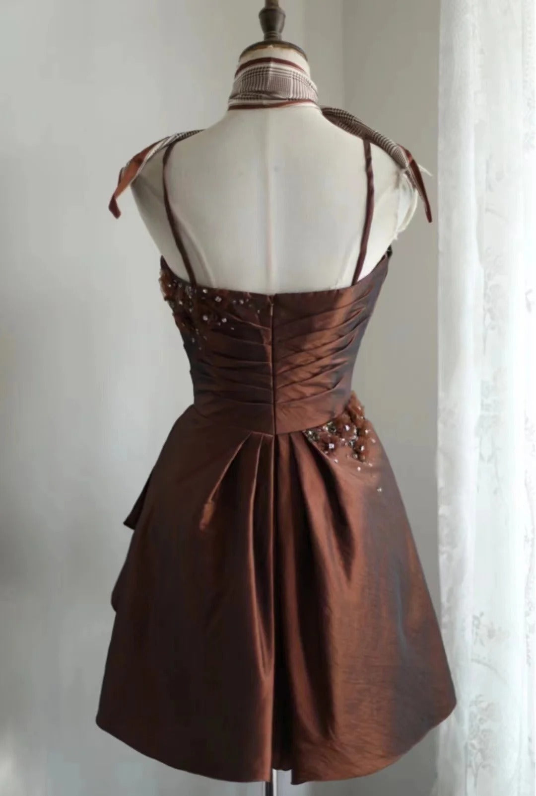 Brown retro palace puff short homecoming dress princess dress taffeta satin handmade beading adult ceremony birthday party gh4374