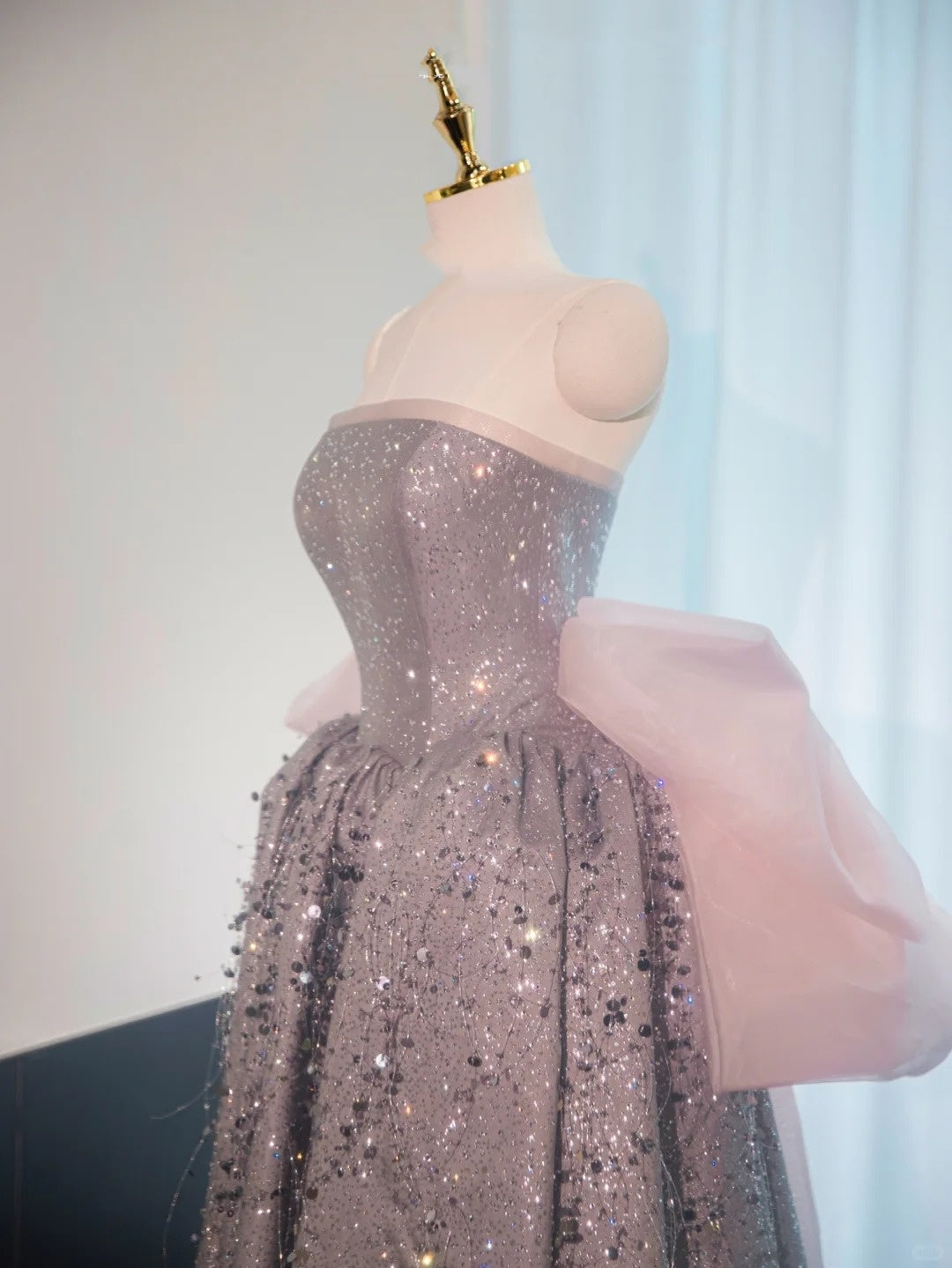 Silver gorgeous shiny pink bow long floor-length sequined ball gown evening dress graduation dress gh4552