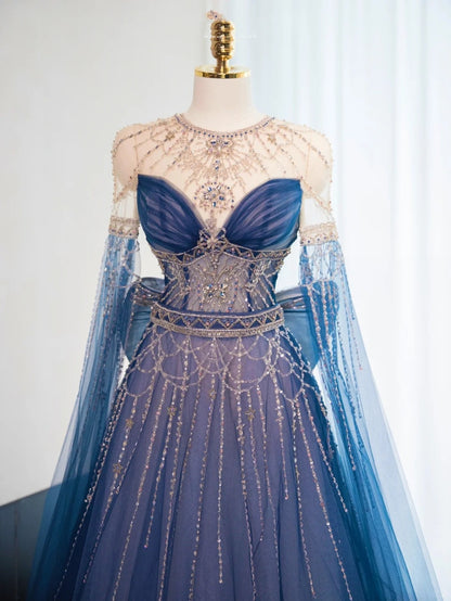 Blue gorgeous shiny beaded long floor-length tulle ball gown evening gown graduation gown gh4553