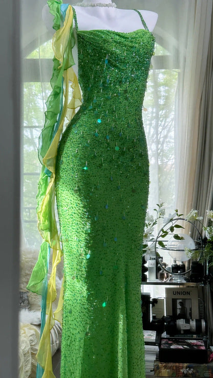 Vintage Evening Dresses, Green Sequin Mermaid Sleeveless Long Party Gowns  cg25530
