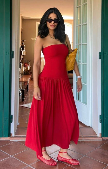 Red Strapless A-Line Long Party Dress Wedding Guest Dress       fg7403