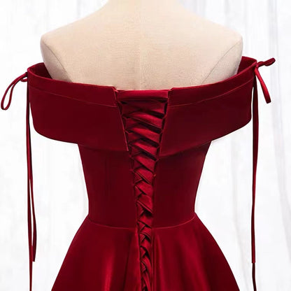 A-Line Burgundy Satin Off the Shoulder Prom Dress    cg19183