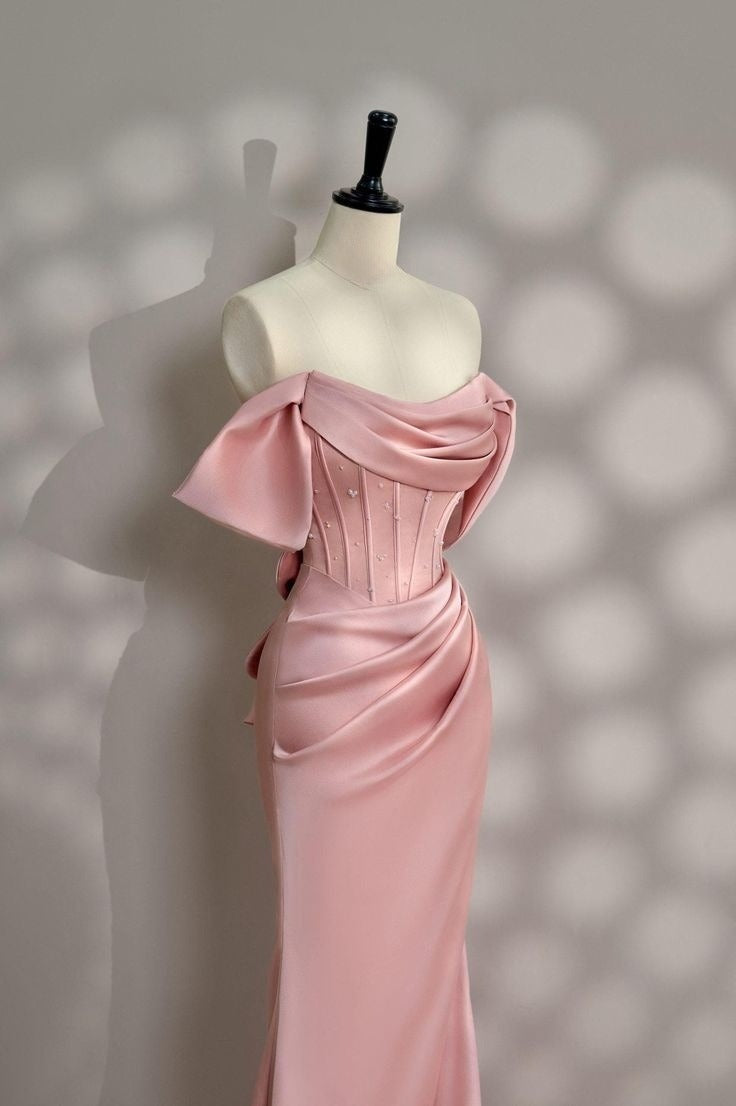 Long Pink Satin Prom Dress Off Shoulder Prom Dress Evening Party Gowns    fg7426