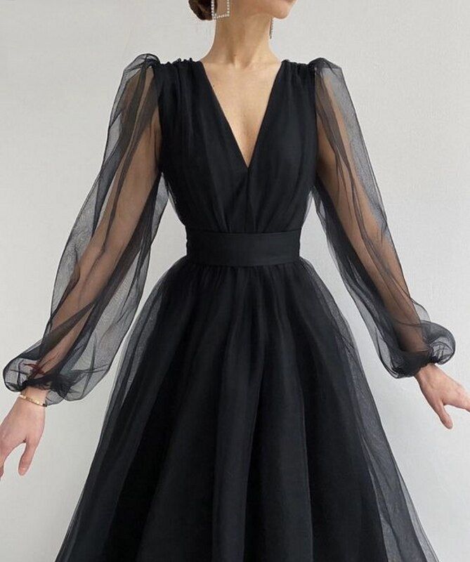 Graduation dress Short A Line Prom Dresses V Neck Long Puff Sleeve Tulle Formal Wedding Evening Party Dresses For Graduation    fg2856