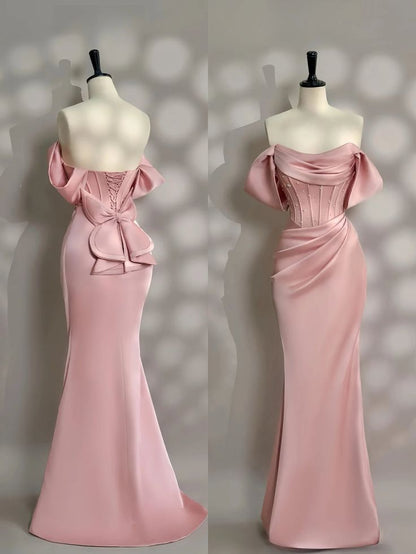 Long Pink Satin Prom Dress Off Shoulder Prom Dress Evening Party Gowns    fg7426