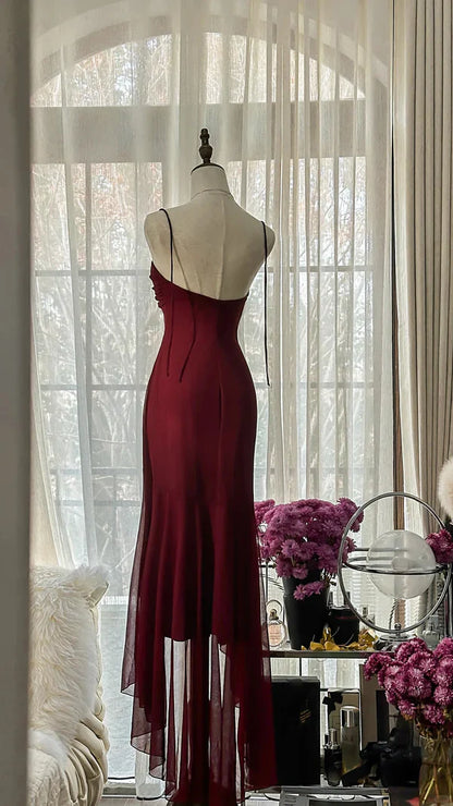 Burgundy Vintage Elegant Exquisite Gem Beaded Long Chiffon Evening Gown Sleeveless Ball Gown Birthday/Wedding Guest Party Dress gh4101