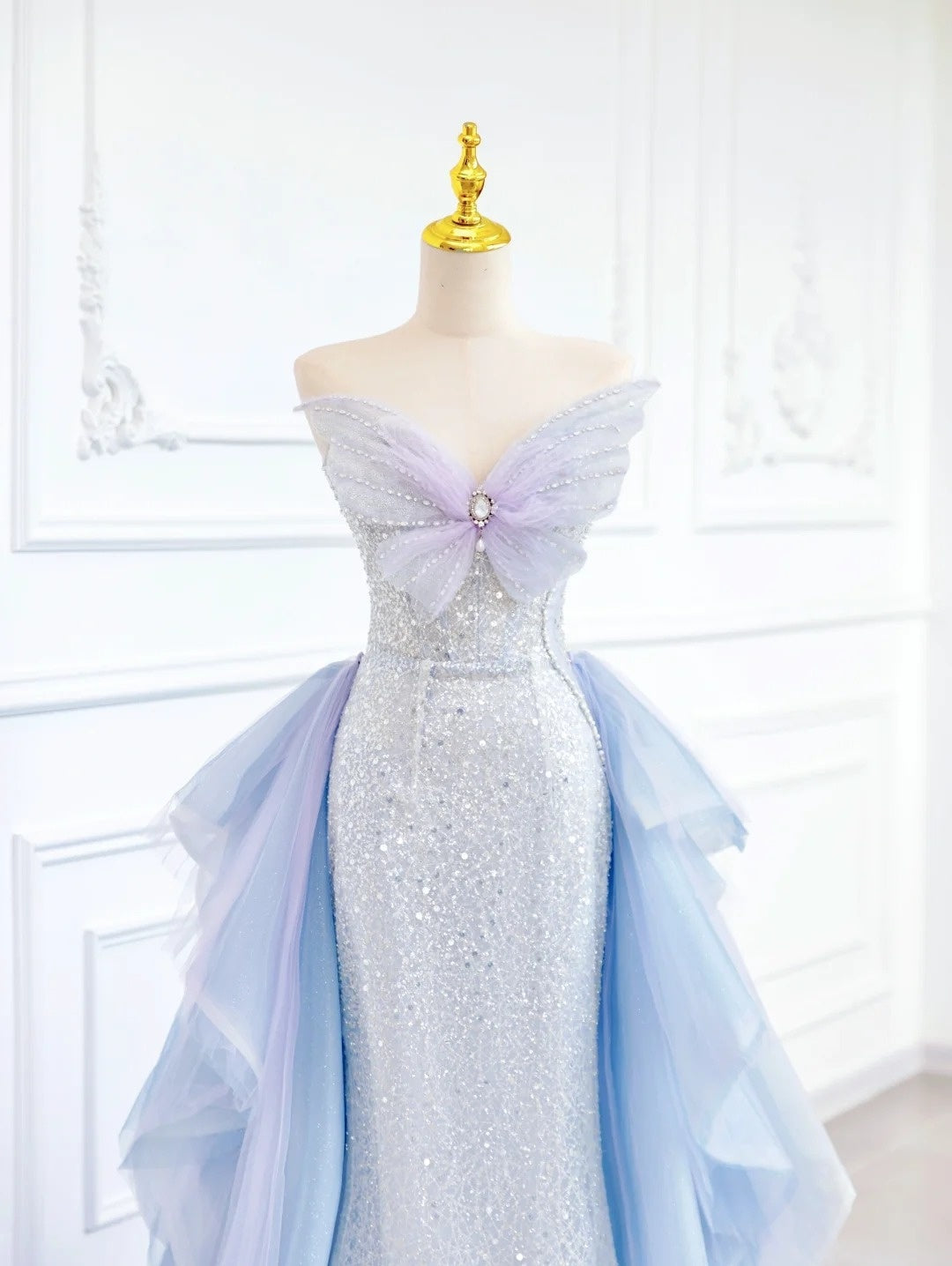 _Blue Butterfly Gorgeous Shiny Elegant Sequined Long Mermaid Tulle Ball Gown Evening Dress gh4272