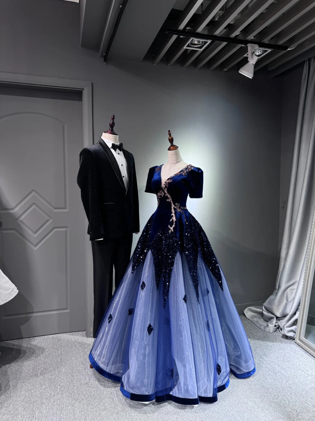 preppydressess -Blue shiny long sequined tulle ball gown evening dress graduation dress gh5110
