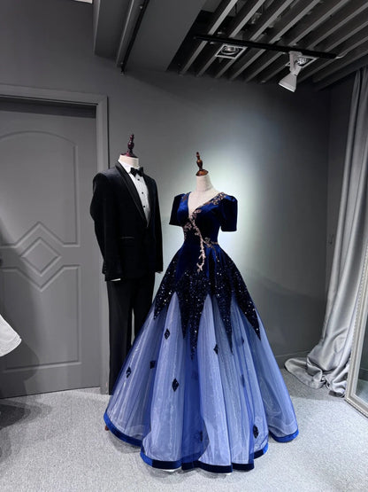 preppydressess -Blue shiny long sequined tulle ball gown evening dress graduation dress gh5110