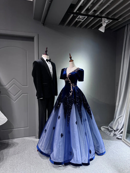 preppydressess -Blue shiny long sequined tulle ball gown evening dress graduation dress gh5110