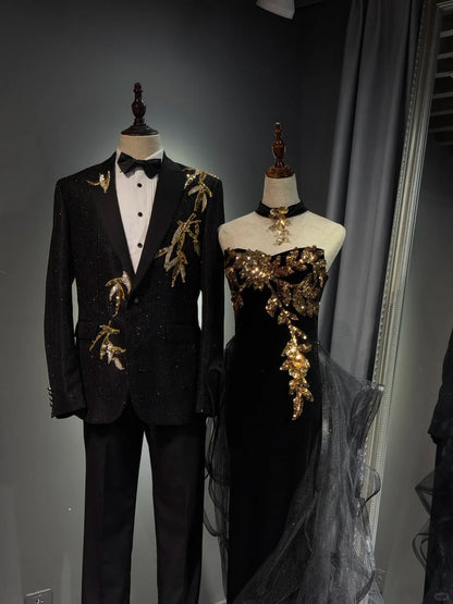 preppydressess -Black shiny elegant long gold sequined tulle trailing ball gown evening gown graduation gown gh5108