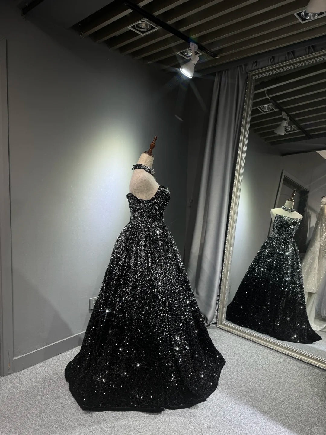 preppydressess -Black silver gradient shimmering long sequined tulle ball gown evening dress gh5109