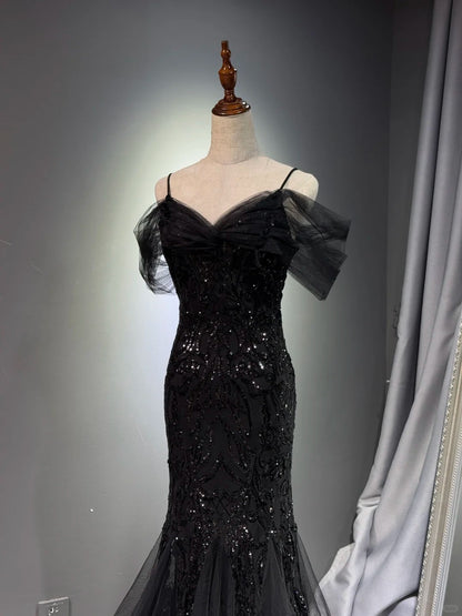 preppydressess -Black shiny mermaid long sequined ball gown evening dress graduation dress gh5112