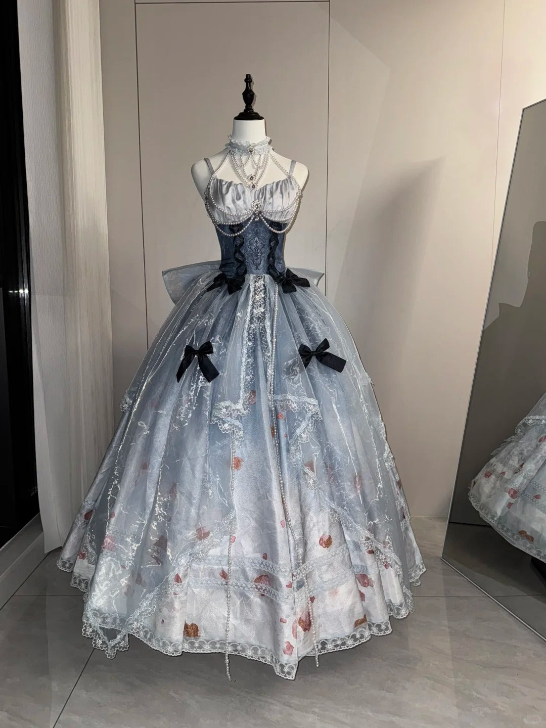 Gray Blue Fantasy Floral Long Tulle Ball Gown Quinceanera Dresses gh5052