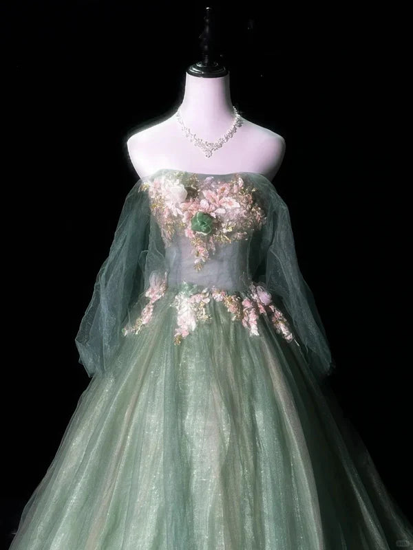 Green Delicate Floral Long Tulle Ball Gown Evening Gown Graduation Gown Adult Ceremony Gown gh4251