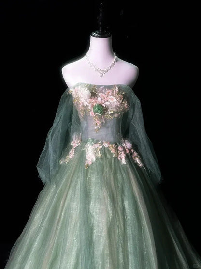 Green Delicate Floral Long Tulle Ball Gown Evening Gown Graduation Gown Adult Ceremony Gown gh4251