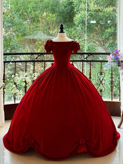 Burgundy Elegant Retro Long Velvet Quinceanera Dresses Prom Dress Graduation Dress Princess gh5005