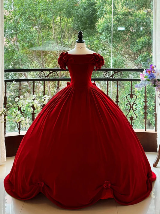 Burgundy Elegant Retro Long Velvet Quinceanera Dresses Prom Dress Graduation Dress Princess gh5005