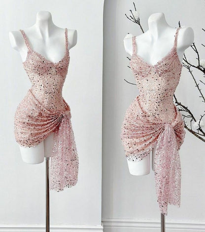 preppydressess-Pink/Black Sparkling Sequin Short Homecoming Dress Cocktail/Birthday Party Dress gh5016