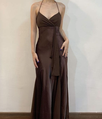 Spaghetti Straps Coffee Brown Formal Party Dress          fg6194