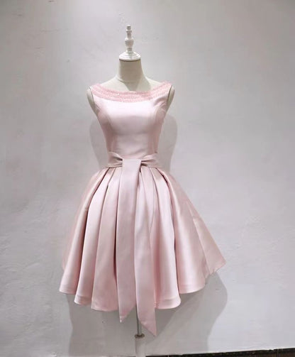 O-neck Homcoming Dress, Satin Sleeveless Dress With Beads       fg6389