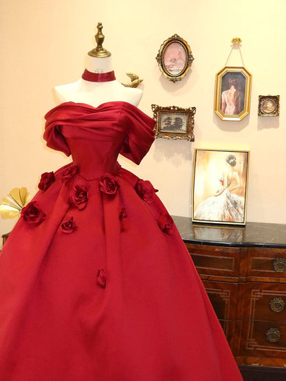 Red Fashion Elegant Floral Long Satin Ball Gown Evening Gown Prom Gown Graduation Gown Wedding Gown Birthday Gown gh4241