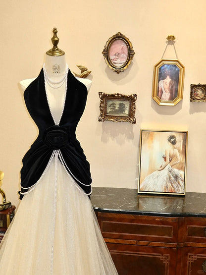 Black and White Beaded Exquisite V-Neck Fashionable Elegant Long Tulle Ball Gown Evening Gown Prom Dress gh4240