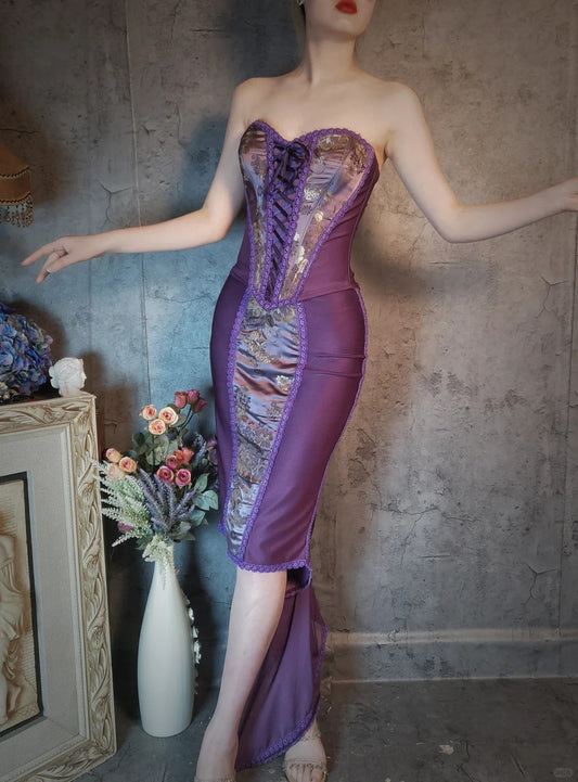 Beautiful modern retro purple corset vintage suit brocade embroidery peony national style printed satin ball dress evening dress party dress gh4800