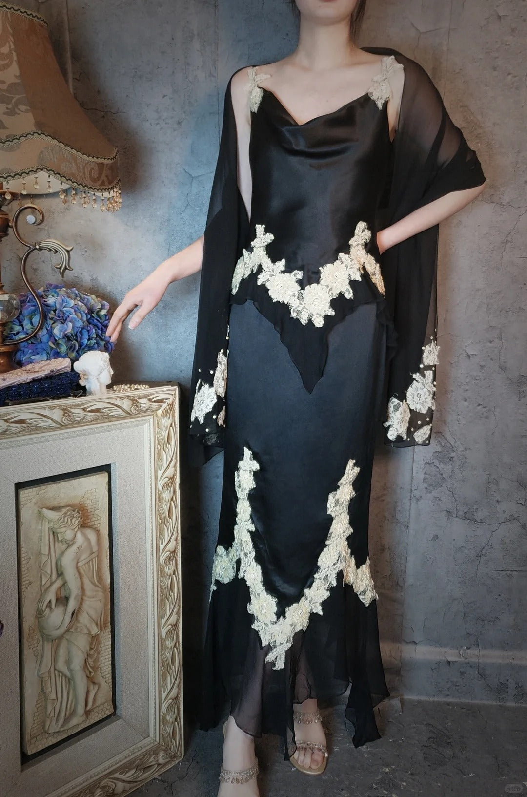 Beautiful black and white vintage satin shawl elegant romantic ball gown evening dress party dress gh4804