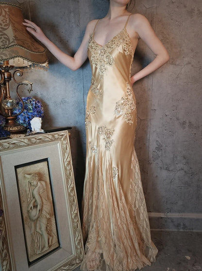 Champagne gold satin beautiful vintage beaded lace ball gown evening dress party dress gh4793