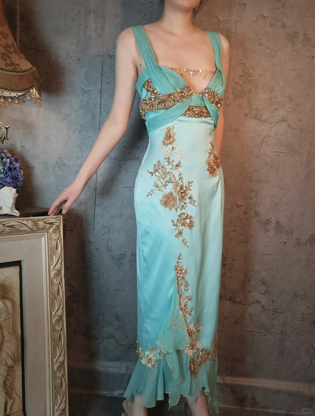 Mint blue vintage beaded lace embroidery beautiful macarons gold embroidered flowers romantic ball gown evening dress party dress gh4803