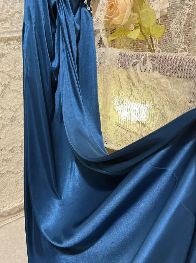 Blue Beaded Elegant Long Satin Ball Gown Evening Gown Party Dress gh4460