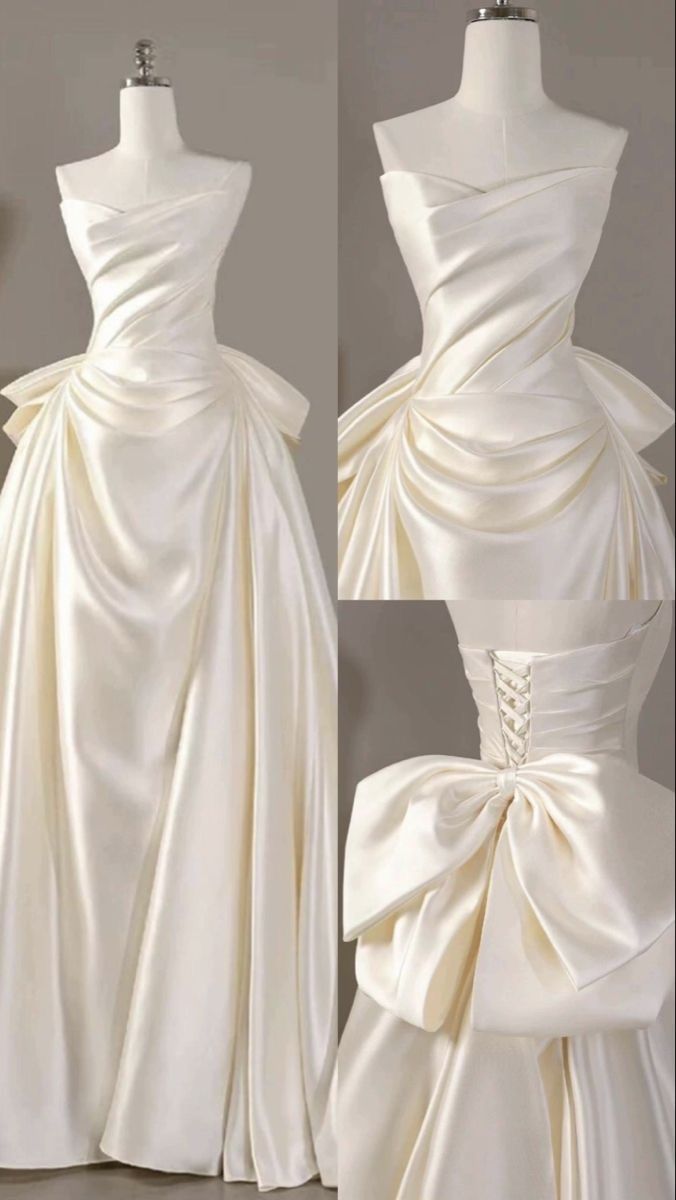 Ivory Satin Strapless Pleats Bow Wedding Dress Long Bridal Gowns  cg25692