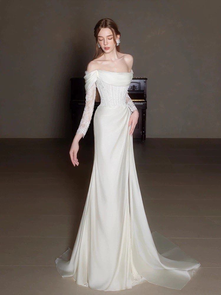 Elegant Off Shoulder Lace Wedding Dress Long Bridal Gown   fg7561