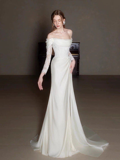 Elegant Off Shoulder Lace Wedding Dress Long Bridal Gown   fg7561