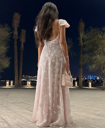 Pink Cap Sleeves Elegant Long Evening Dress Prom Dresses    fg7795