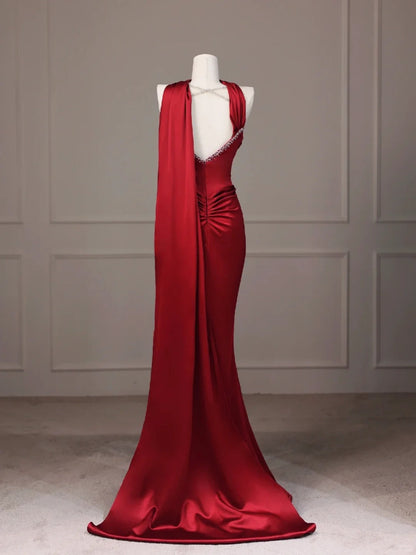 Burgundy fishtail backless long floor-length satin ball gown evening dress gh4546