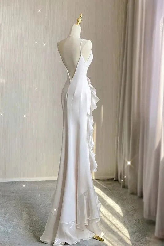 White Sheath Halter Backless Wedding Dress    fg3671