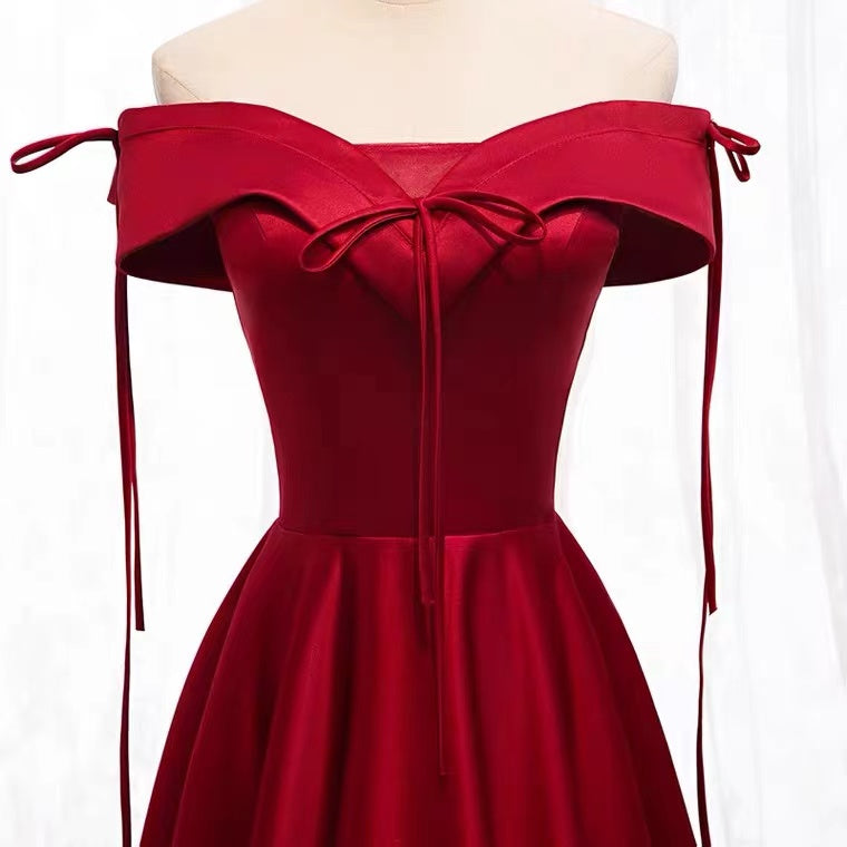 A-Line Burgundy Satin Off the Shoulder Prom Dress    cg19183