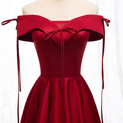 A-Line Burgundy Satin Off the Shoulder Prom Dress    cg19183