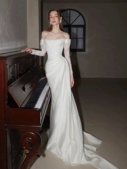 Elegant Off Shoulder Lace Wedding Dress Long Bridal Gown   fg7561
