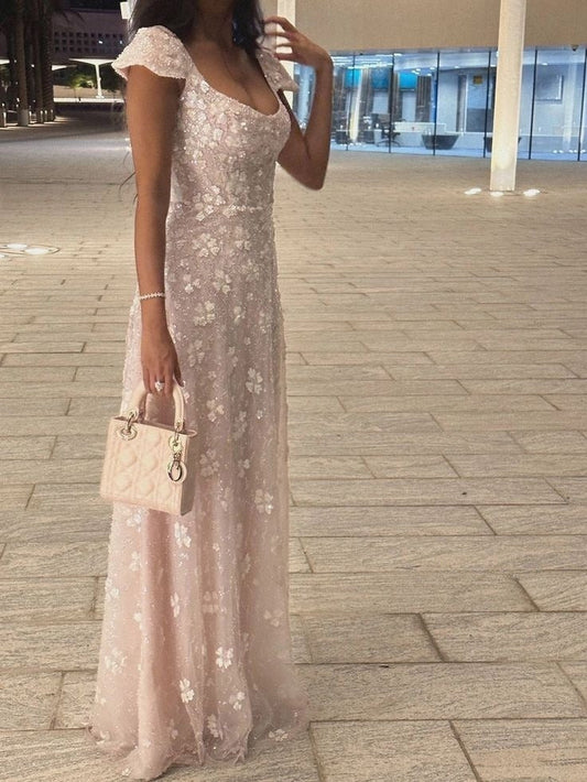 Pink Cap Sleeves Elegant Long Evening Dress Prom Dresses    fg7795