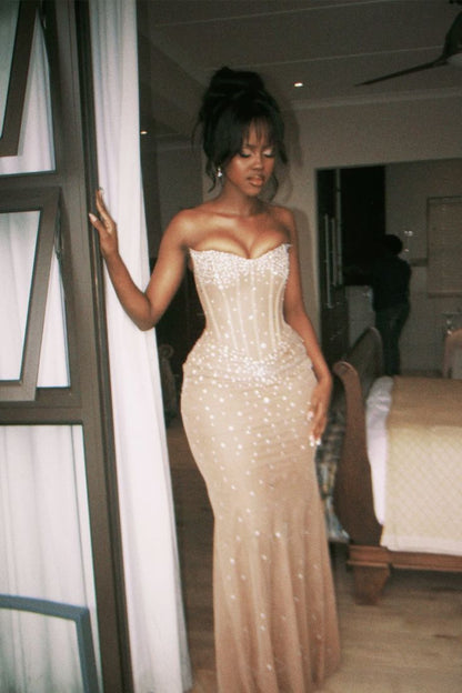 Champagne Strapless Mermaid Prom Dresses Formal Evening Dress  fg7596