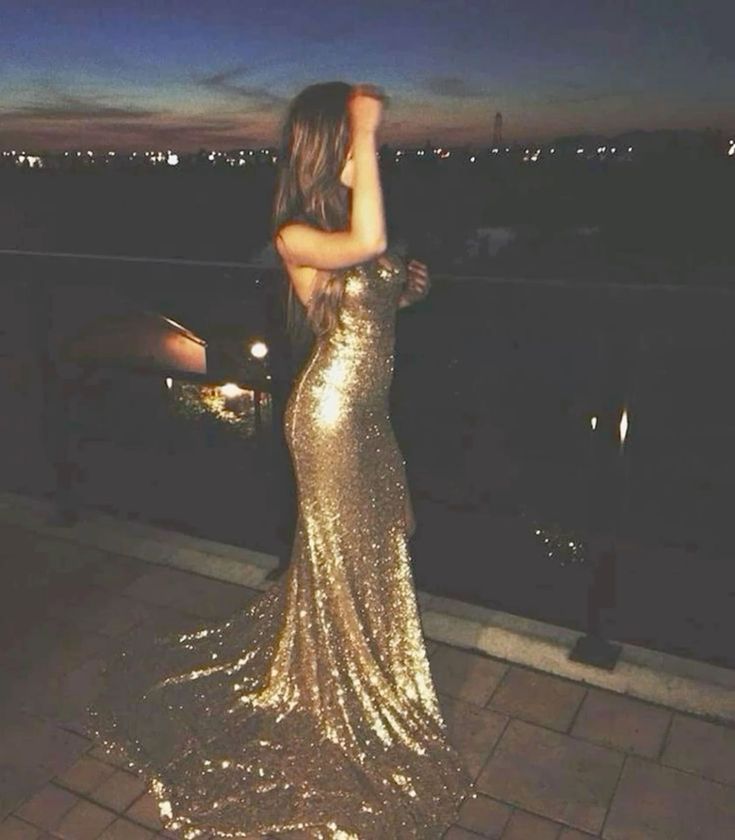 Gold Sequins Mermaid Prom Dresses Sexy Open Back Evening Dress with Sweep Train   cg17766