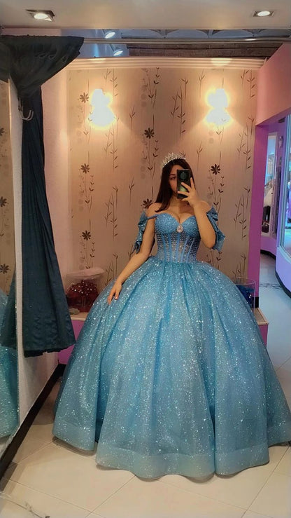 Sparkly Blue Quinceanera Dress Off Shoulder A Line Birthday Party Princess Ball Gown   fg7942