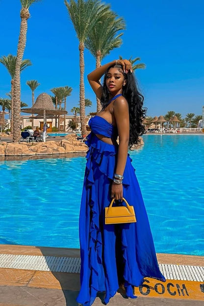 Royal Blue Halter Evening Dresses Long Chiffon Prom Gowns  fg7475