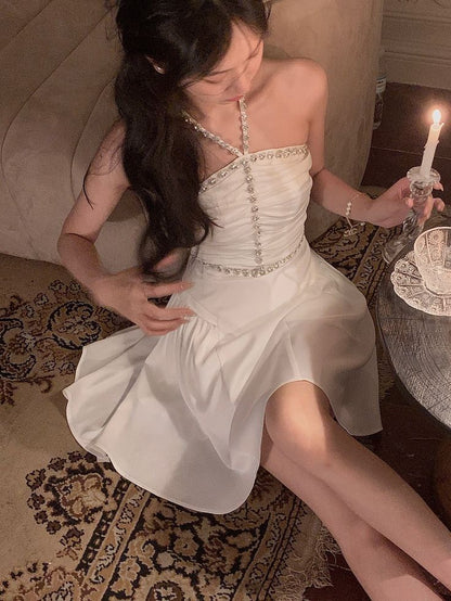 A Line White Halter Homecoming Dress Short Evening Dress Cocktail Dresses Short Party Dress   fg7905